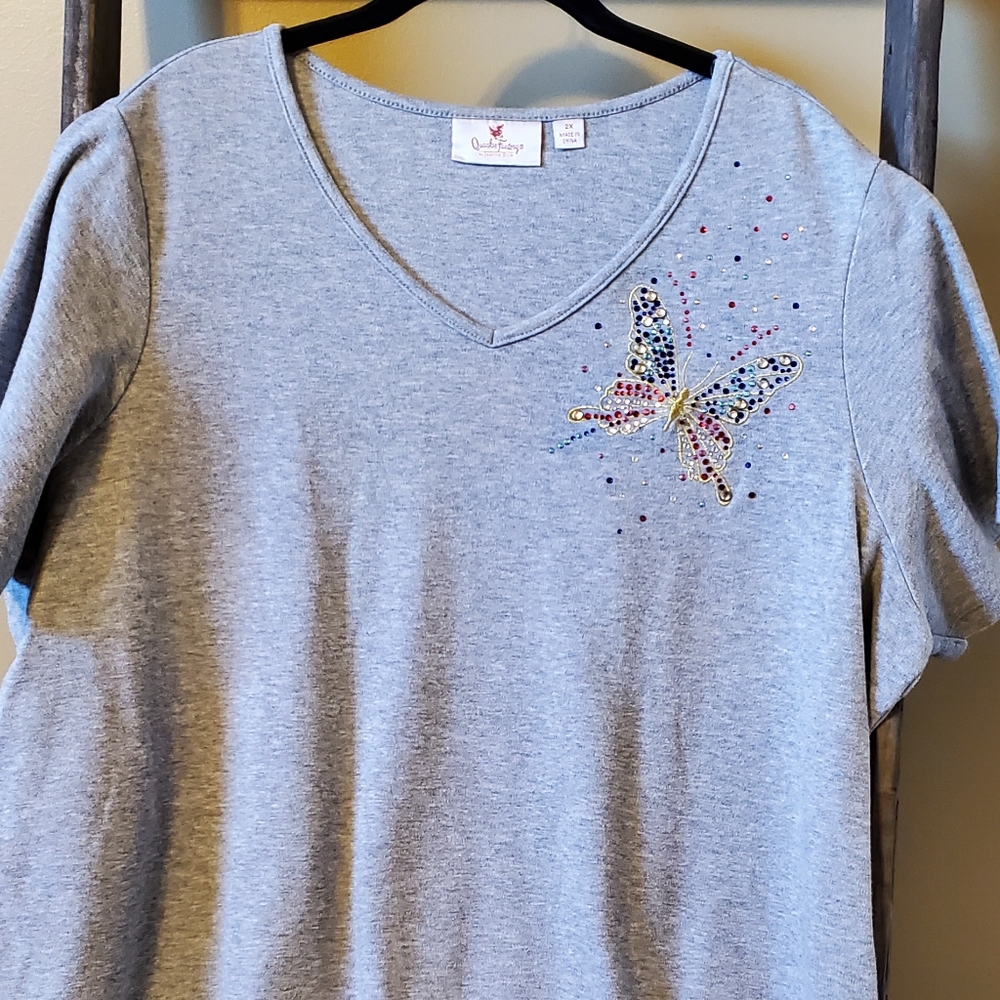 Quacker Factory Gray Tee with Embellished Butterfly in red white and blue.